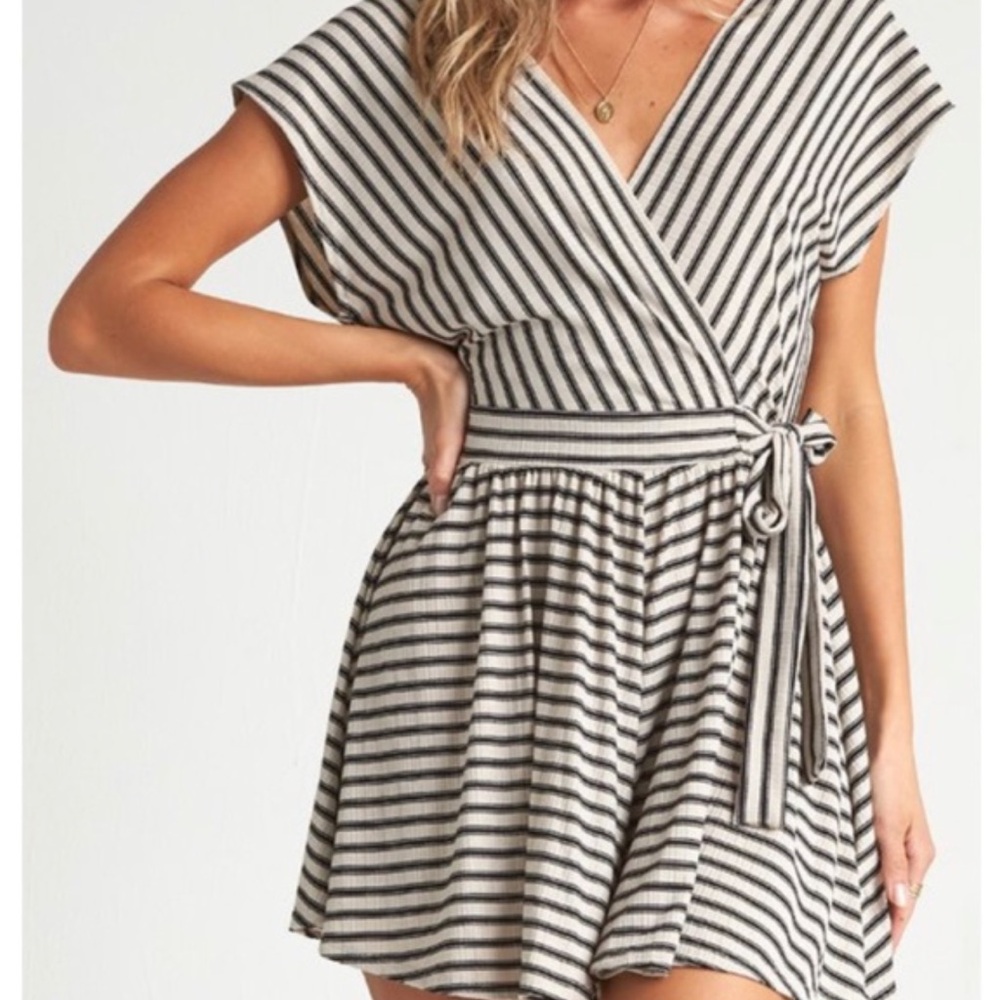 Billabong Easy Day Jumpsuit Romper Striped Ivory Black Side Tie